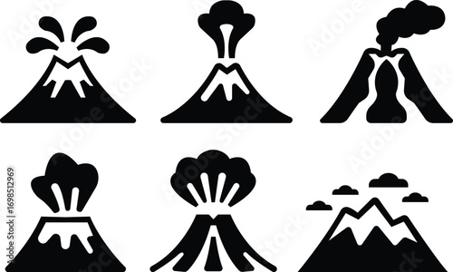 Volcano eruption flat icons set. Depicting eruption with smoke cloud, ash for education resources. Natural disaster symbols of mountain, lava, explosion, earth science, environment hazard vectors.