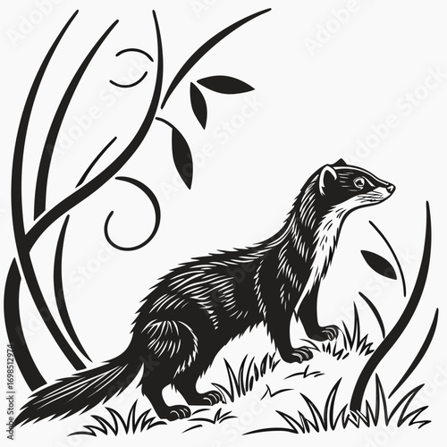Stylized black and white illustration of a weasel in grass with decorative branches