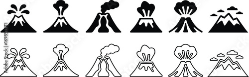 Volcano eruption flat, line icon set. Depicting eruption with smoke cloud, ash for education resources. Natural disaster symbol of mountain, lava, explosion, earth science, environment hazard vectors.