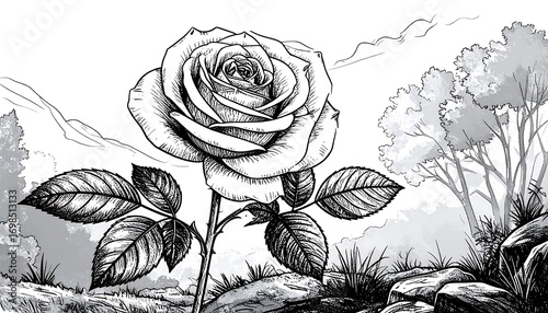 Detailed black and white drawing of a rose in a landscape