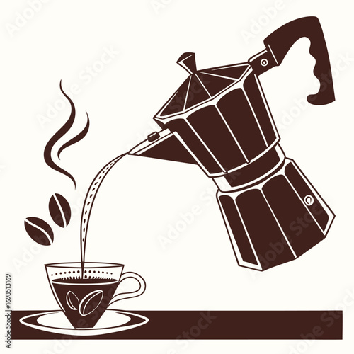 steaming coffee pours from pot into cup with beans