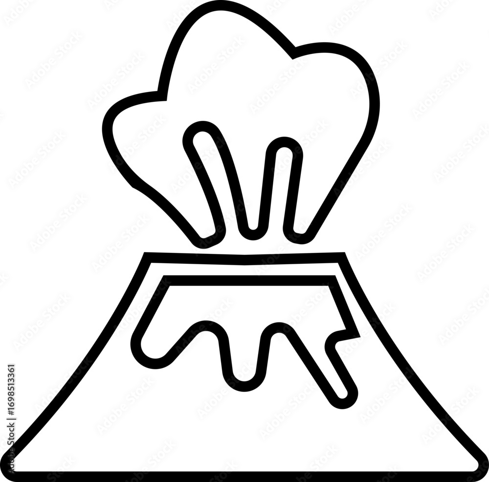 Obraz premium Volcano eruption line icon. Depicting eruption with smoke cloud, ash for education resources. Natural disaster symbol of mountain, lava, magma, explosion, earth science, environment hazard vector.