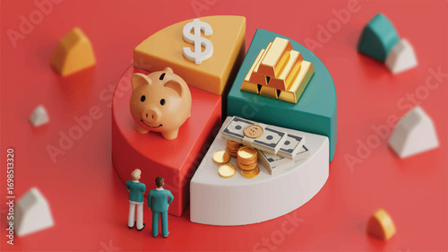 Vector art of financial pie chart with piggy bank, gold bars, and cash