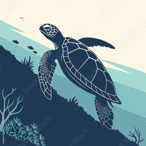 a turtle swimming gracefully above underwater plants and fish