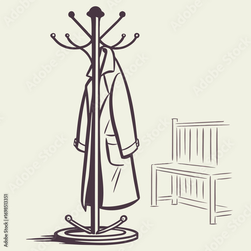 a coat rack with hanging coats beside a wooden bench