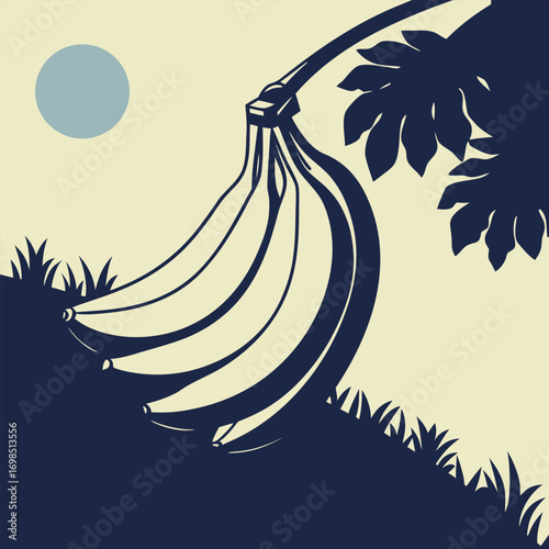 banana bunch hanging from tree branch under moonlight