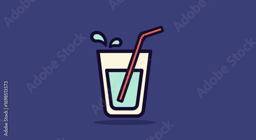 Illustration of a cold cola drink in a glass with a straw and ice