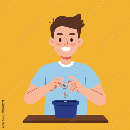 Man putting coins in a pot