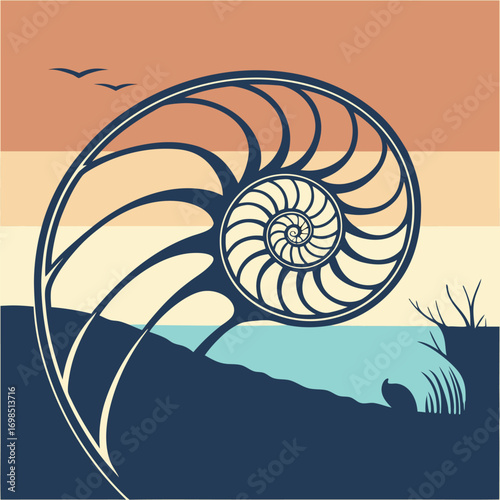 a nautilus shell against a colorful striped sky