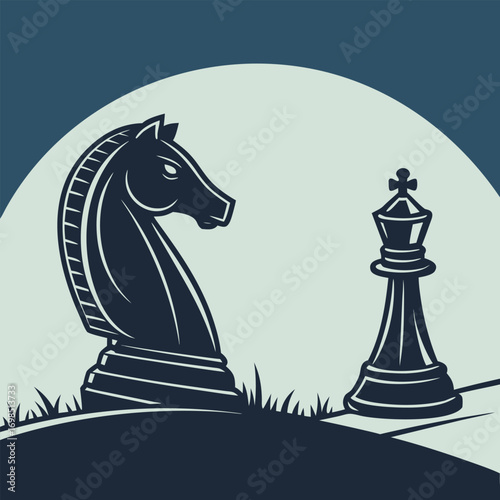 a chess knight and queen pieces under moonlight