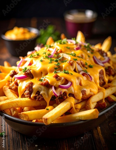 A generous portion of loaded fries topped with melted cheese, ground meat, and red onions