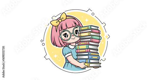 Cute cartoon student girl with pink hair and glasses holding a tall stack of books. A charming vector illustration showcasing the joy of reading, knowledge, and education for bookworms