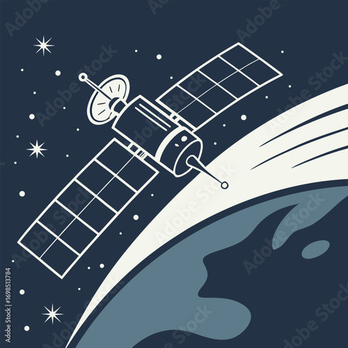 a satellite orbits earth with stars twinkling in space