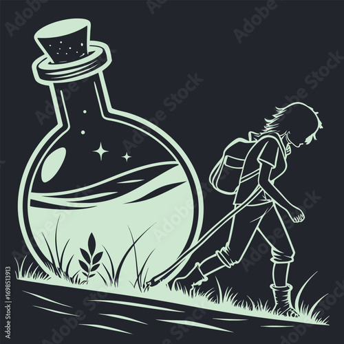 a young adventurer approaches a glowing magical potion bottle