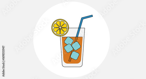 A cold, refreshing glass of orange juice with a radiation warning symbol and a nuclear power button sits on a bar, a peculiar and vibrant summer cocktail