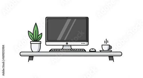 Green screen laptop computer on an office desk with a mouse, keyboard, and an LCD monitor display