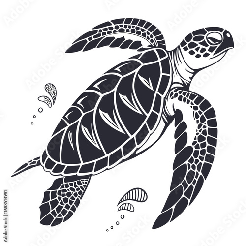 Stylized sea turtle illustration with water bubbles and swirls