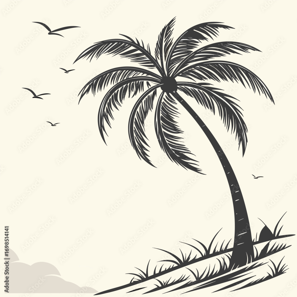 Fototapeta premium a serene beach scene with palm tree birds flying