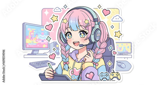 Kawaii Gamer Girl Illustration Pastel Anime Style Digital Art