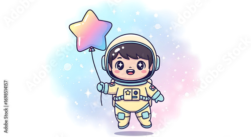 Adorable Astronaut Kid with Rainbow Star Balloon Illustration