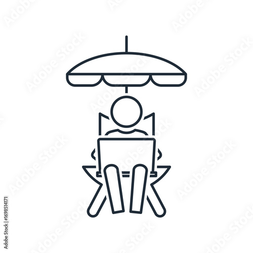 Man with laptop, beach umbrella and sun lounger. Blogger, freelancer, remote work. Vector linear icon illustration isolated on white background.