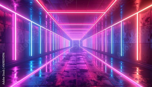 Fototapeta Naklejka Na Ścianę i Meble -  Neon tunnel reflecting vibrant colors