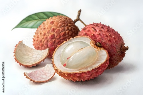 Watercolor illustration of Lychee Fruit Whole and Peeled with Spiky Red Skin and White Pulp Keywords: lychee, litchi, fruit, red