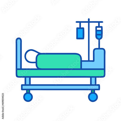 Medical bed illustration with IV drip, clinic equipment icon