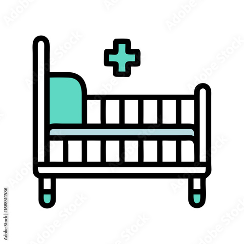 Stylized hospital bed icon with plus sign above it