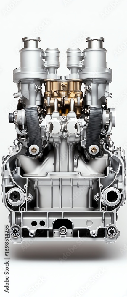 Fototapeta premium Close-up view of a complex mechanical engine with intricate parts and metallic design, showcasing engineering excellence.