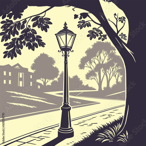 a quiet street scene with lamp post trees and houses