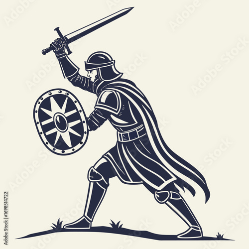medieval warrior holding sword and shield ready for battle