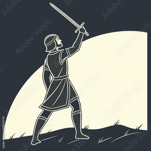a knight stands tall holding sword under moonlight