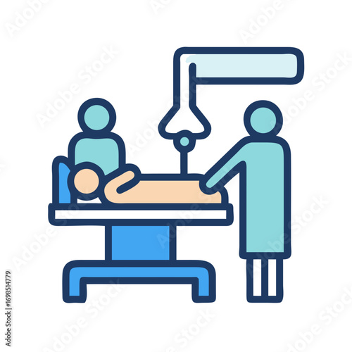 Operating room surgery scene with patient and doctors