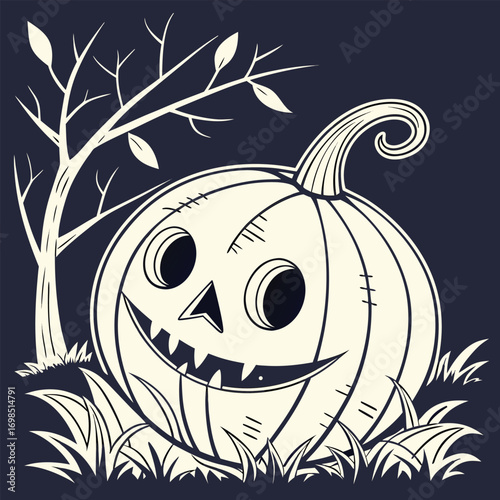 a spooky pumpkin with twisted stem under moonlight