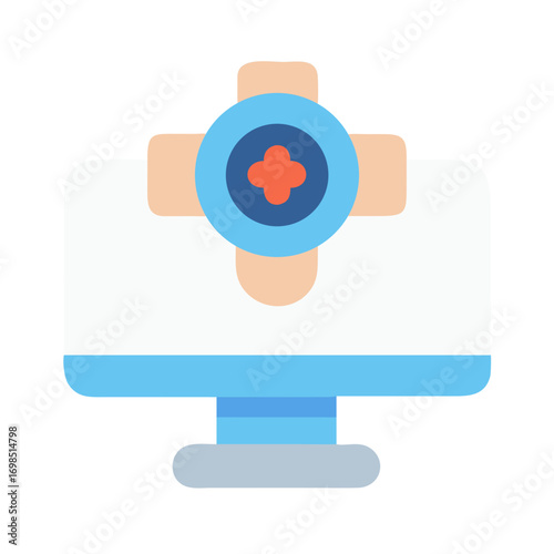 Medical assistance on computer screen with health symbol graphic