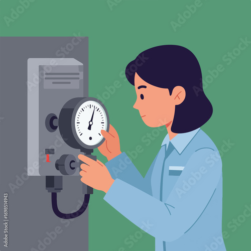 Worker monitoring pressure gauge on machine with control panel