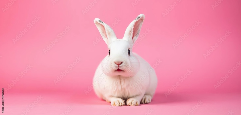 Obraz premium Smiling white bunny sitting on pink background, clean, innocent