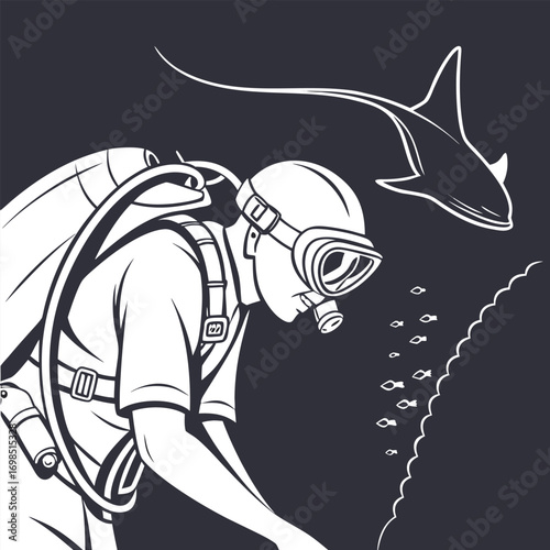 diver exploring underwater world with curious shark nearby