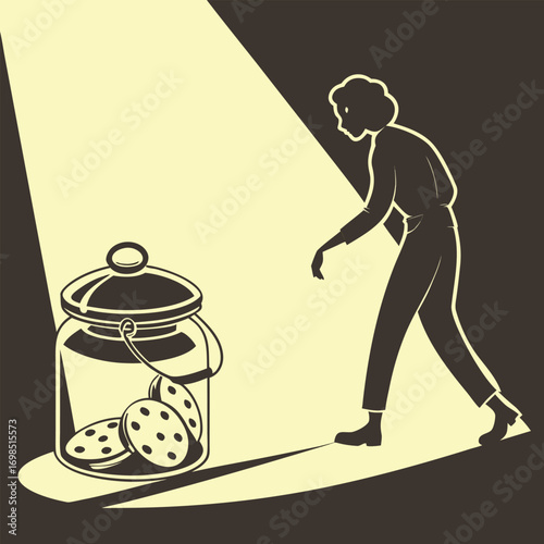 a person sneaking cookies from jar under spotlight