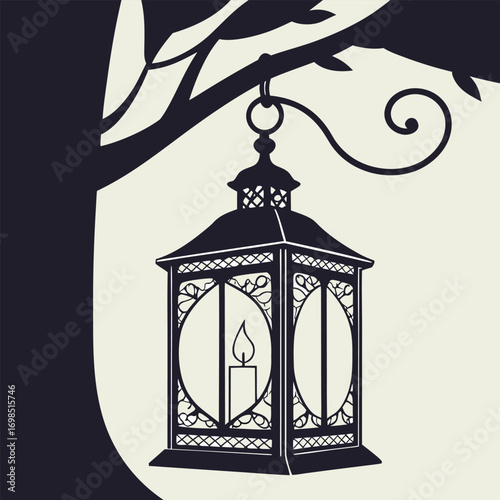 a lantern hanging under tree branches glowing softly