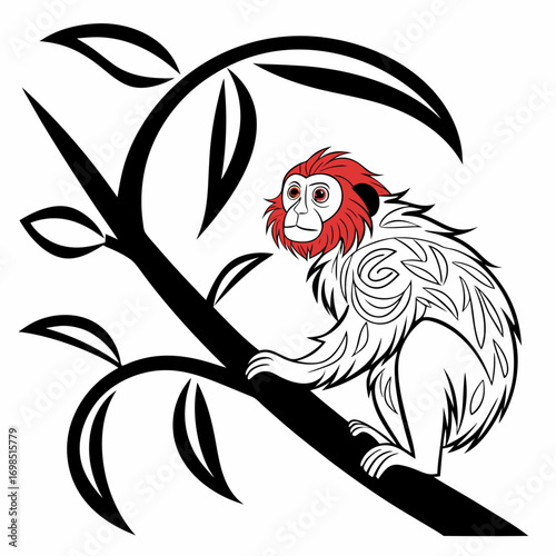 Stylized monkey with red mane sitting on a tree branch