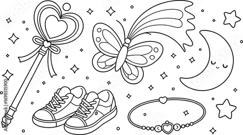 Cute magical girl wand, sneakers, butterfly, moon, bracelet, dreamy fantasy illustration for kids, kawaii coloring page, black and white vector artCute magical girl wand, 