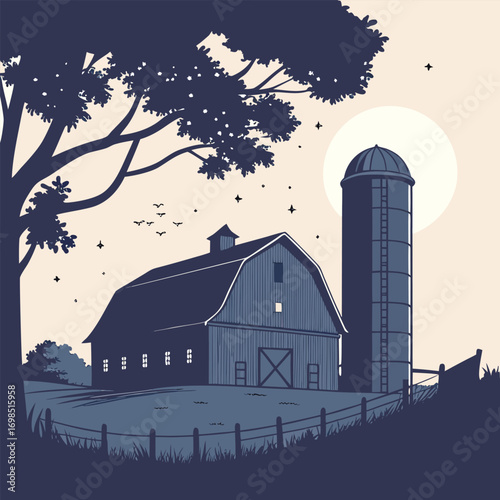 a serene farm scene with barn silo tree and moon