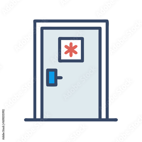 Medical room door with an asterisk graphic icon