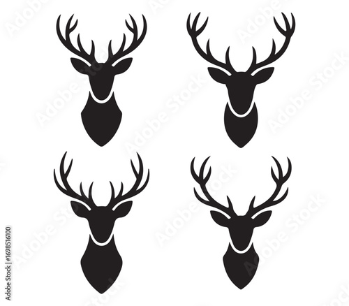 Collection of black silhouette deer head, black vector animal illustration collection for logo, icon, tattoo, emblem, or decorative design
