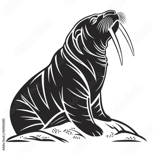 Stylized black and white illustration of a walrus sitting on rocks