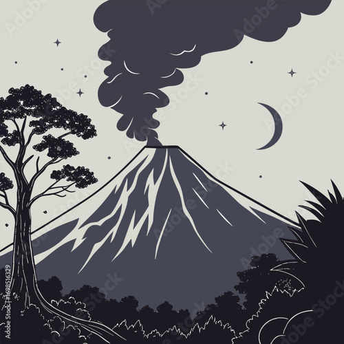 volcano erupting under moonlit sky with stars and trees