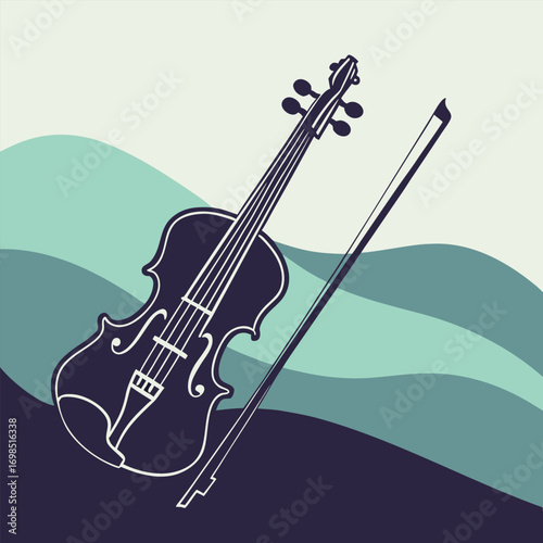 a violin resting on abstract waves background illustration