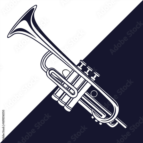 a trumpet illustration divided by diagonal line in two colors